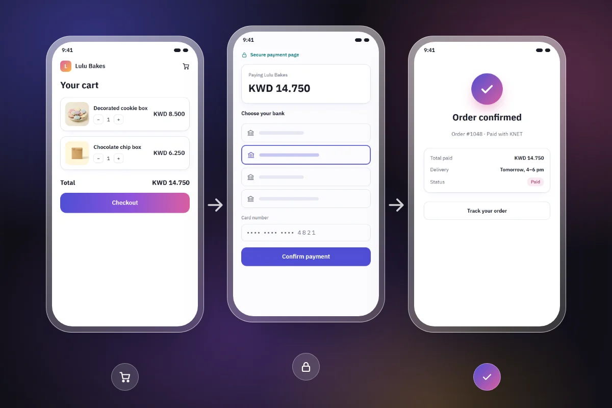 Three phone screens of one order: the cart, the gateway's secure payment page and the confirmed order.