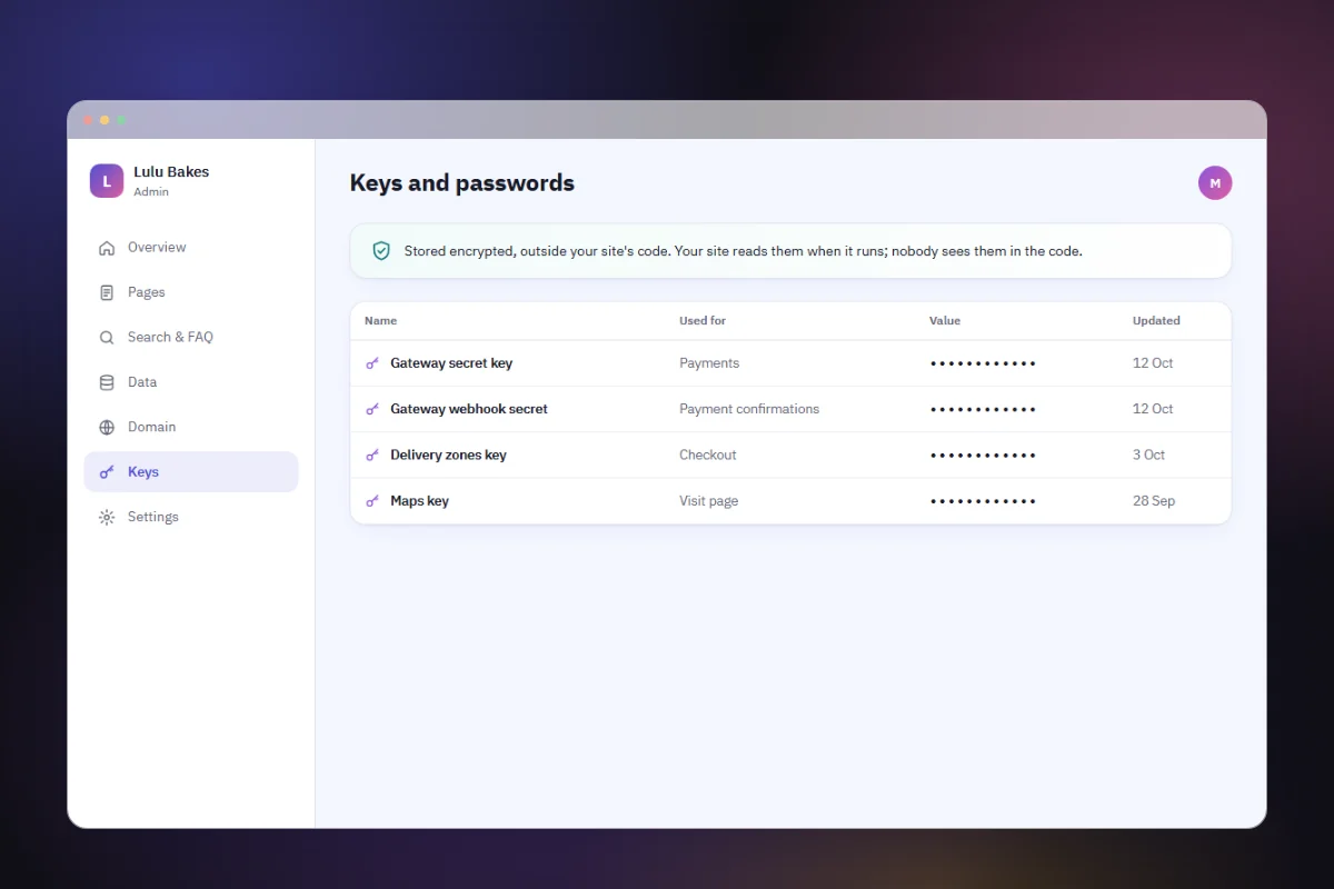 صفحة المفاتيح في لوحة التحكم: مفاتيح البوابة والخرائط محفوظة مشفّرة خارج الكود، وقيمها مخفية.