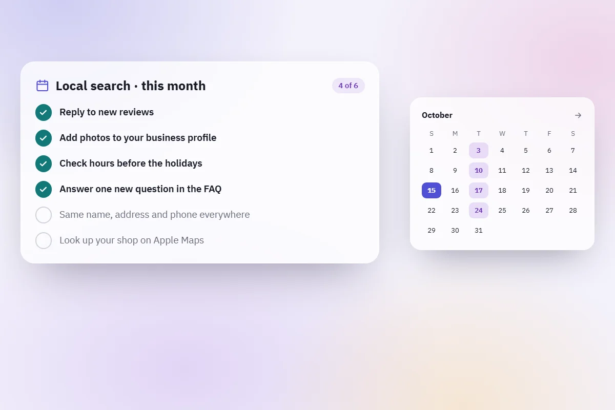 A monthly local search checklist with four of six tasks done, beside a calendar of weekly reminders.