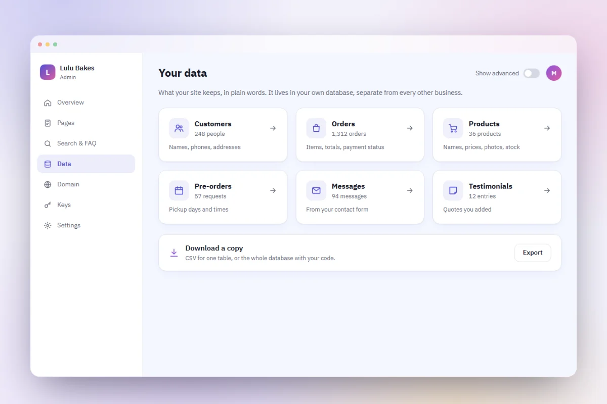 The Data page in plain words: customers, orders, products and more, each with a count, and an export.